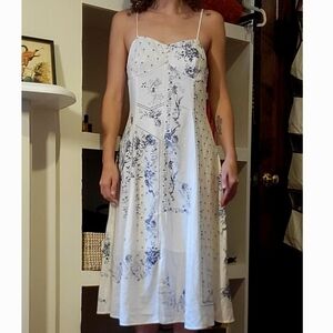 Chic White and Blue Patterned Midi Dress